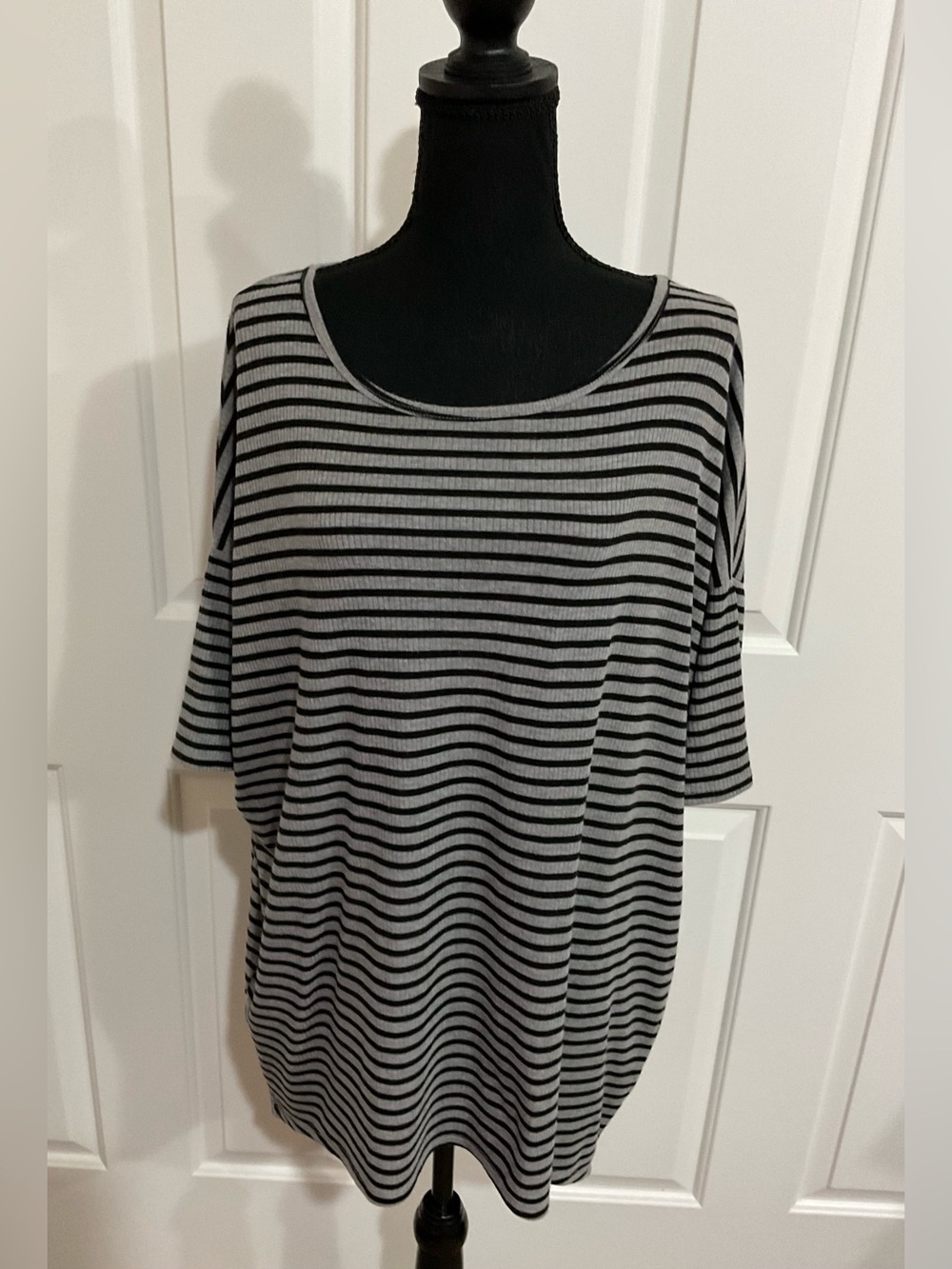 LuLaRoe L Black and Gray Striped Short Sleeve IrmaTop